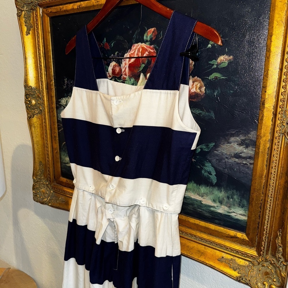 Lanz Originals USA VINTAGE Navy Striped Midi Dress Button Accents Size M - Picture 2 of 10